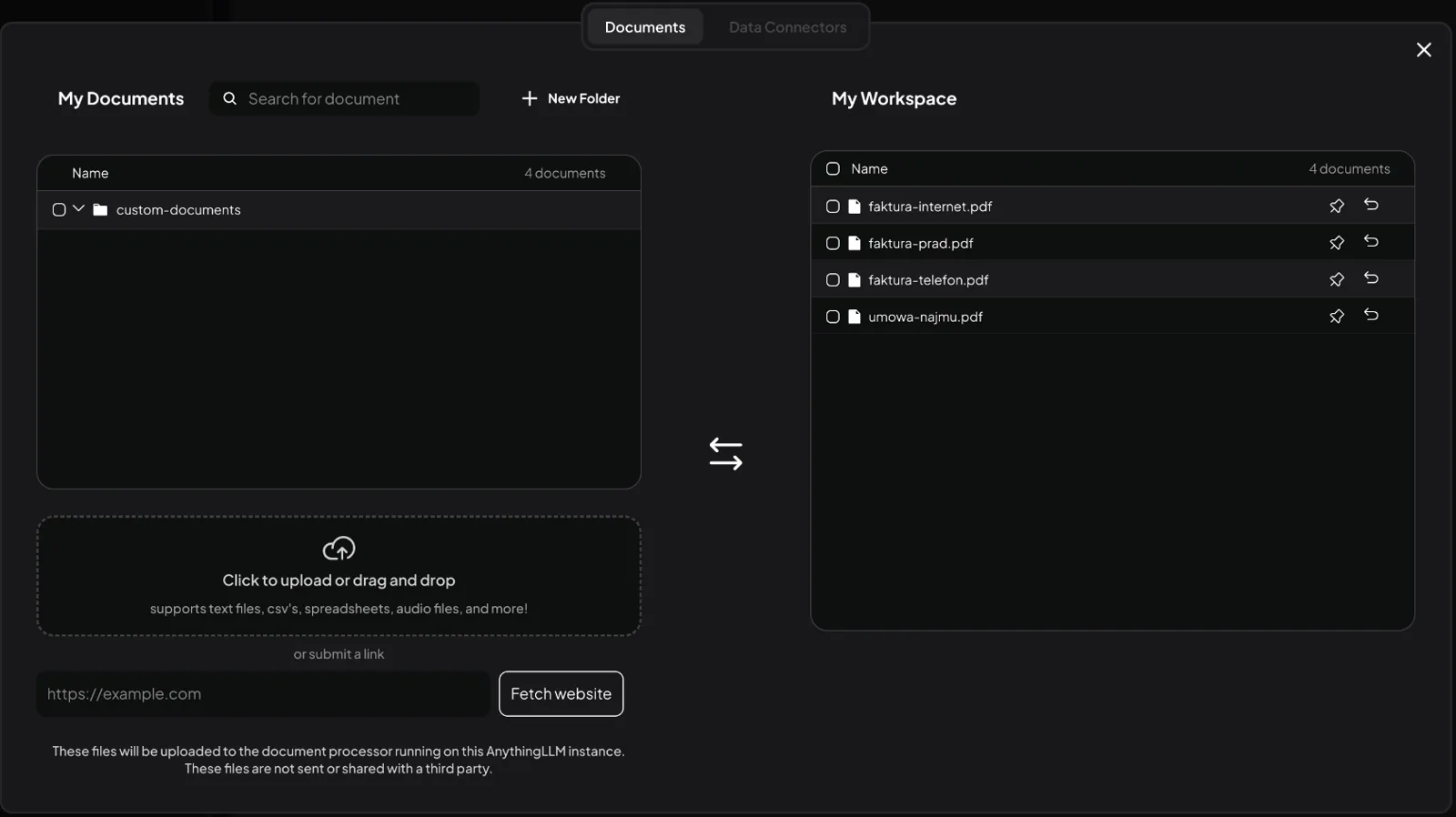 Menedżer dokumentów AnythingLLM: cztery pliki PDF w My Workspace po zaindeksowaniu