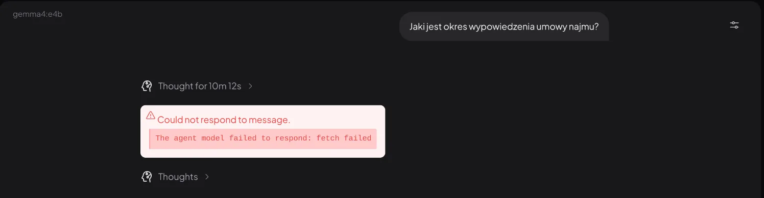 Czat AnythingLLM: po 10 minutach i 12 sekundach komunikat Could not respond to message, The agent model failed to respond: fetch failed