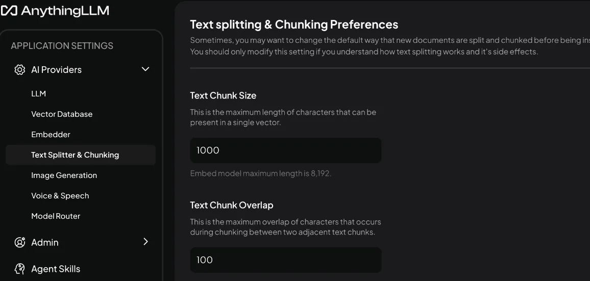 Ustawienia Text Splitter & Chunking w AnythingLLM: Text Chunk Size 1000, Text Chunk Overlap 100