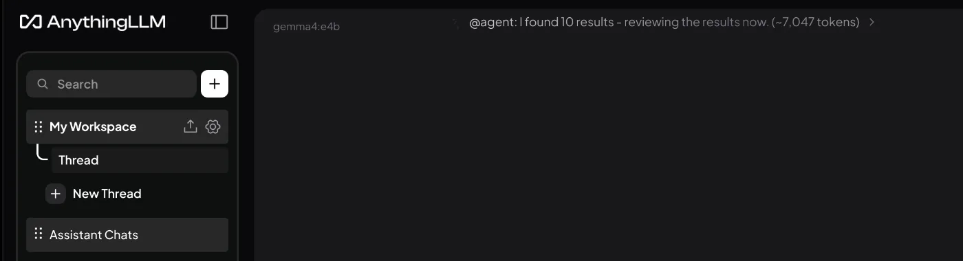 AnythingLLM w trybie Agent: komunikat @agent: I found 10 results, reviewing the results now (~7,047 tokens)