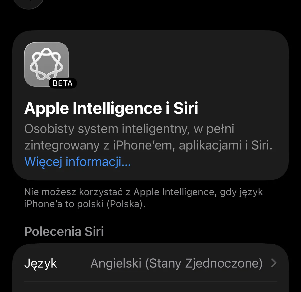 Ustawienia Apple Intelligence i Siri po polsku z komunikatem o braku obsługi