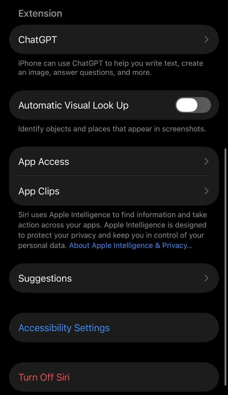 Dół ekranu ustawień Siri w iOS 27 bez opcji Try Siri AI (Beta)