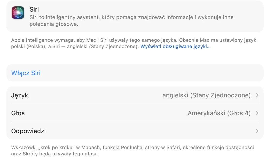 Ustawienia Siri w macOS 27 po polsku z komunikatem, że Mac i Siri muszą używać tego samego języka