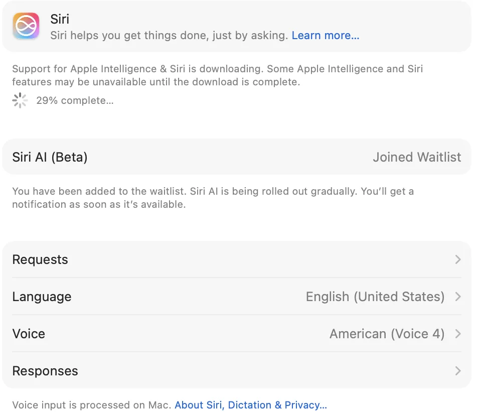 Status Siri AI (Beta) Joined Waitlist w ustawieniach Siri na Macu