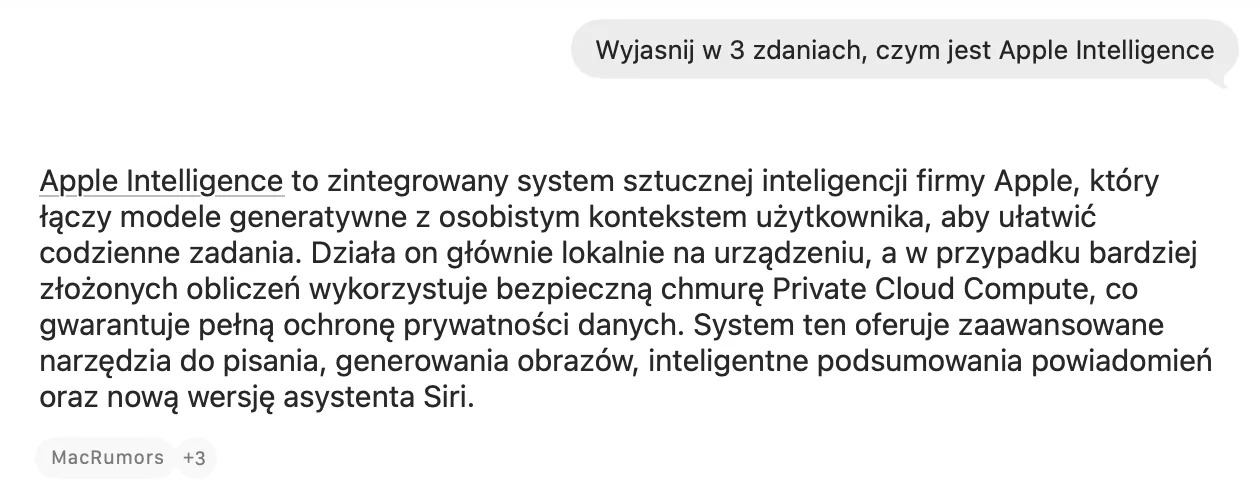 Siri AI na Macu odpowiada po polsku na pytanie czym jest Apple Intelligence