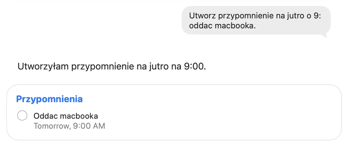 Nowa Siri tworzy przypomnienie z polecenia wpisanego po polsku