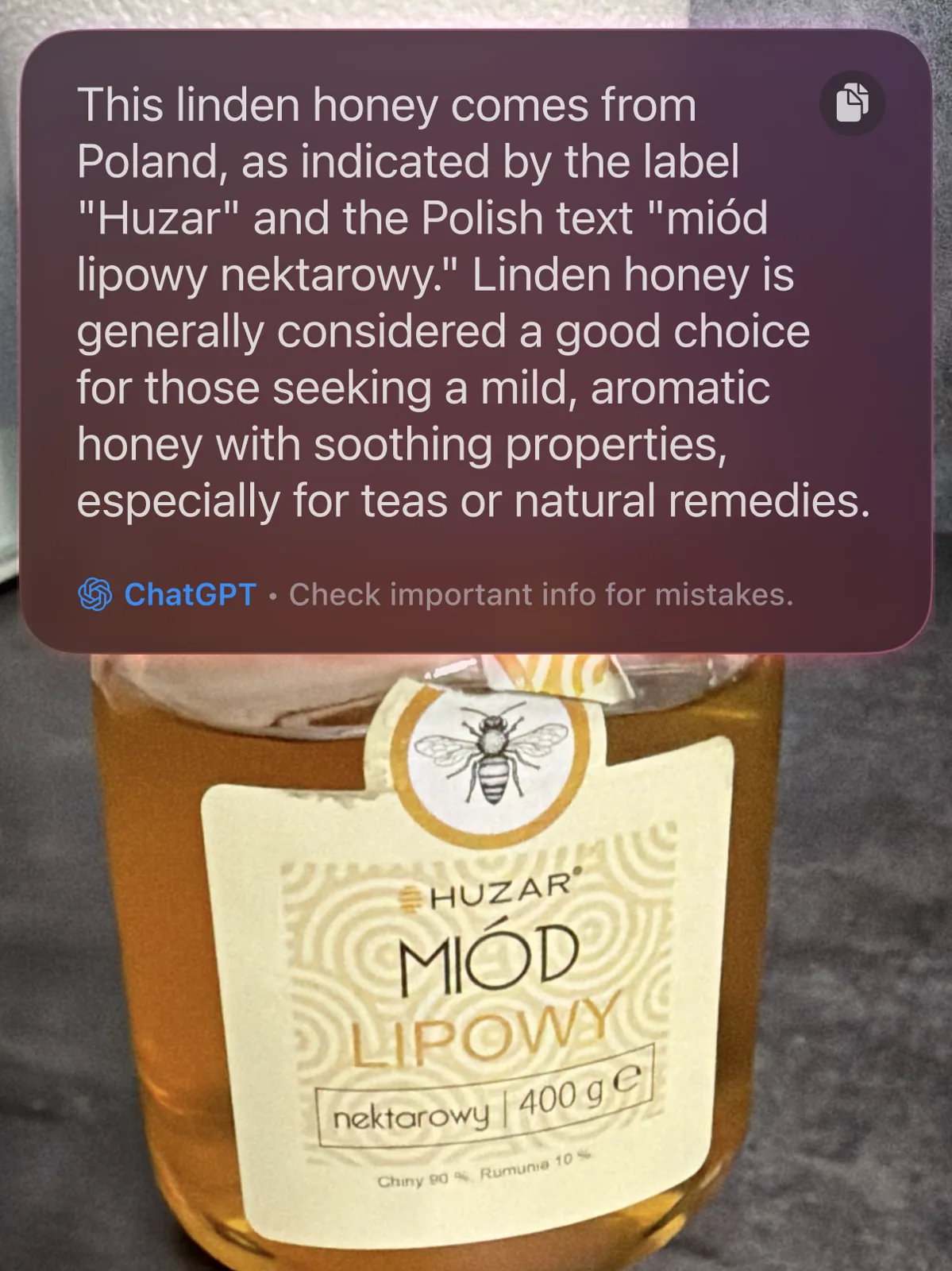 ChatGPT w Visual Intelligence twierdzi, że miód jest z Polski