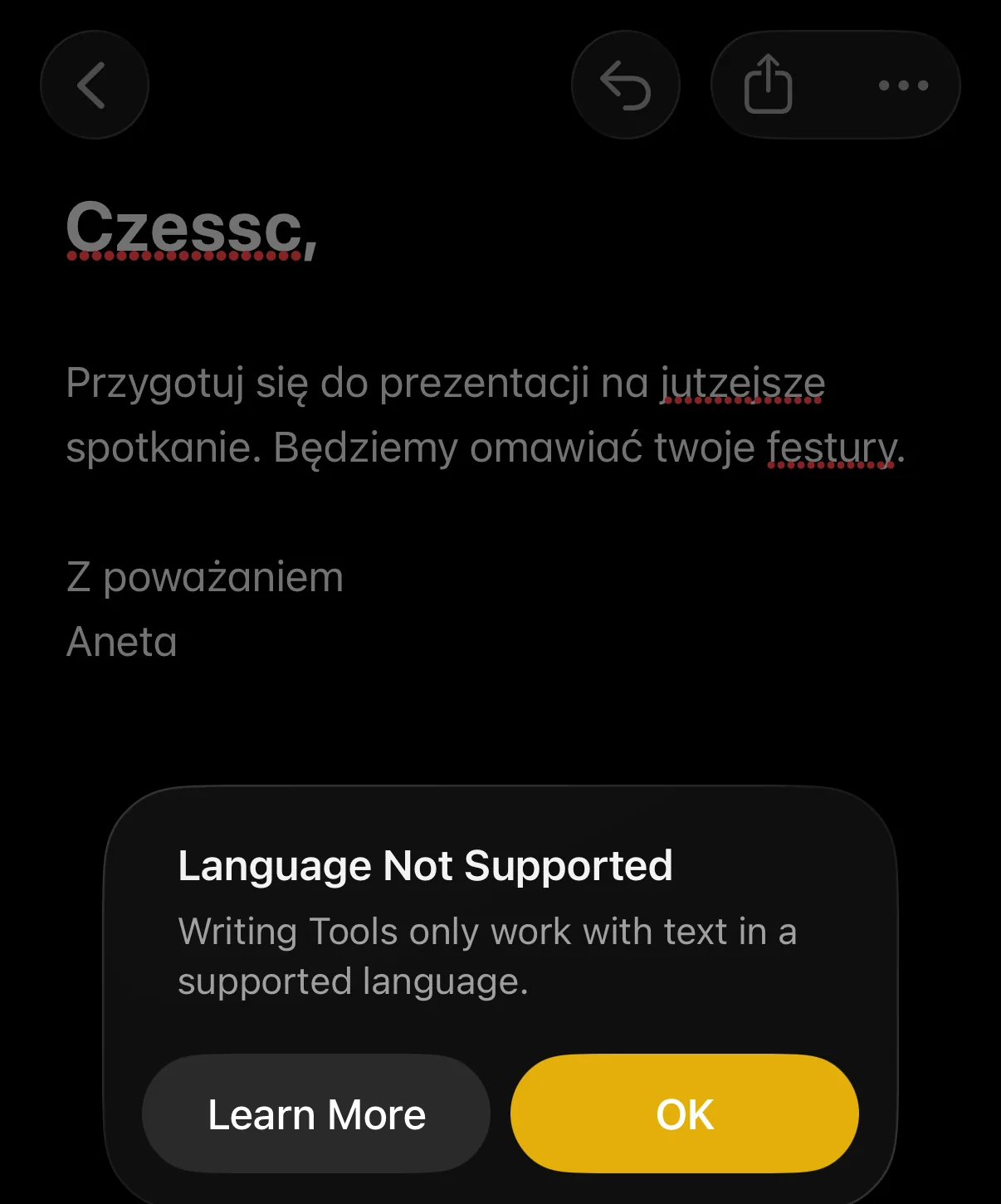 Komunikat Language Not Supported w Writing Tools przy polskim tekście